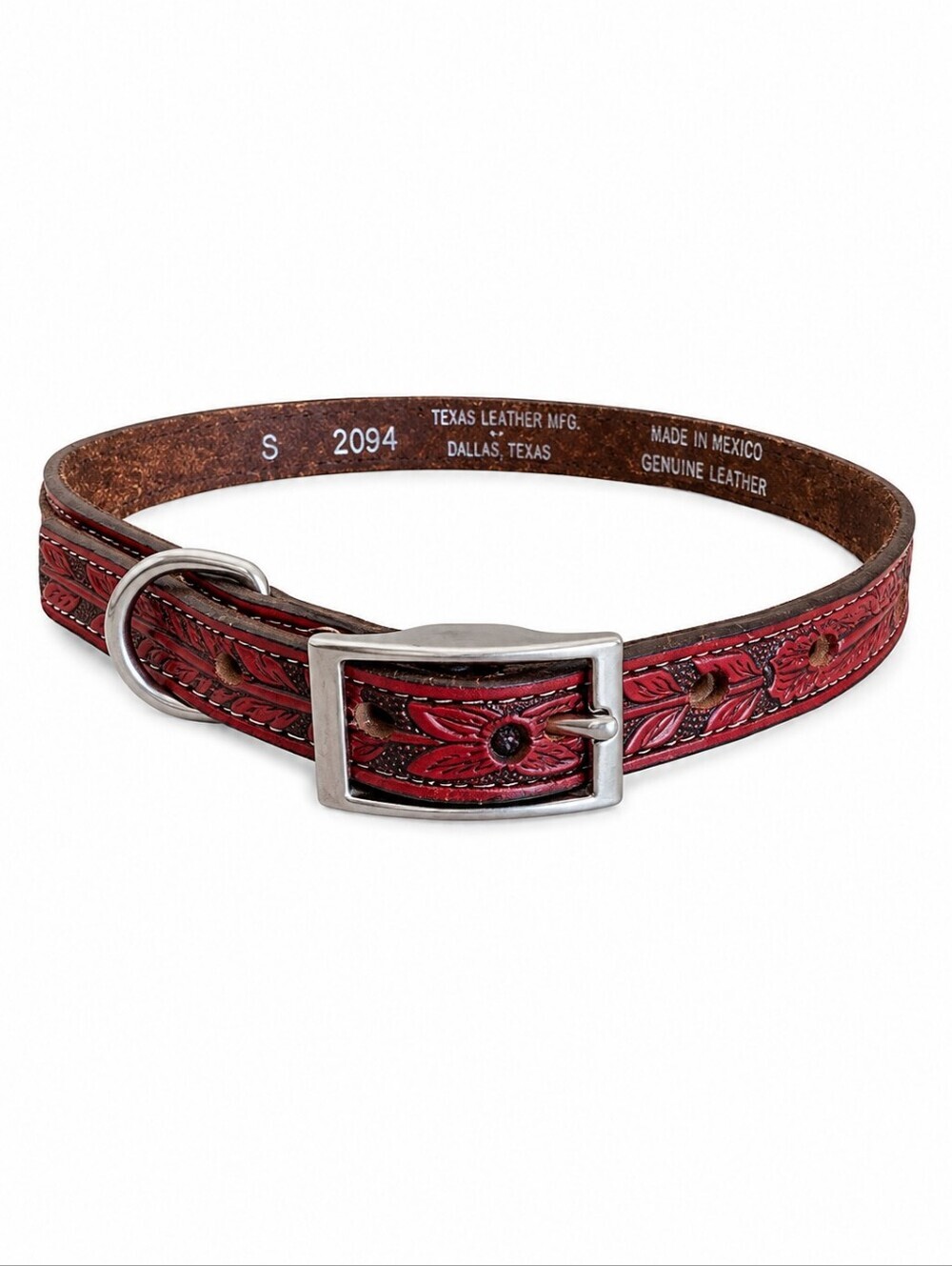TEXAS LEATHER MFG Red Floral Western Leather Dog Collar NWOT